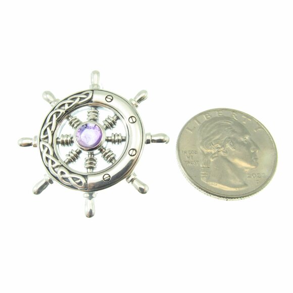 Solid 925 Sterling Silver Celtic Ship Wheel Helm Nautical Pendant w/ Gemstone - Picture 9 of 13